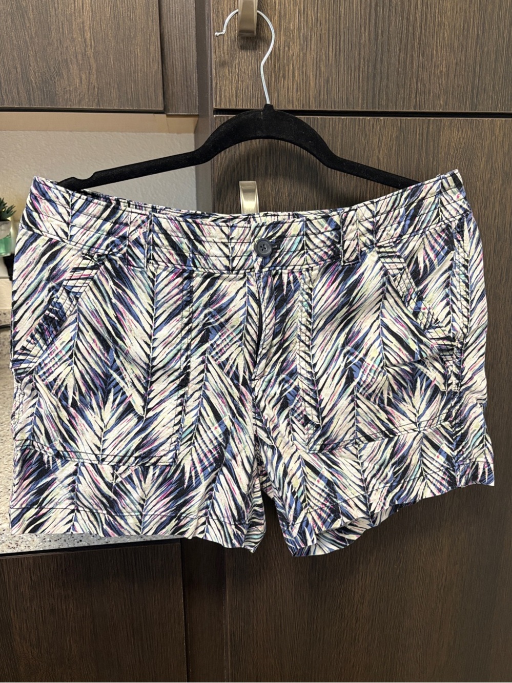Banana Republic Palm-Print Women’s Shorts — White with Blue & Purple Accents